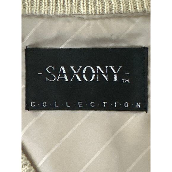 VTG SAXONY Leather Sweater Cardigan M Tan Color Block Dad Grandpa Aesthetic - Picture 15 of 16